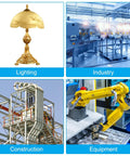 Collage showing a decorative brass lamp, industrial machinery, construction site, and a robotic arm in a factory.