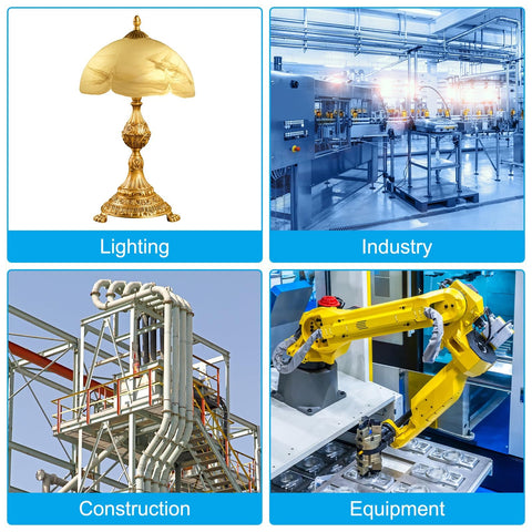 Collage of four images labeled 'Lighting,' 'Industry,' 'Construction,' and 'Equipment,' featuring a lamp, factory, pipes, and robotic arm.
