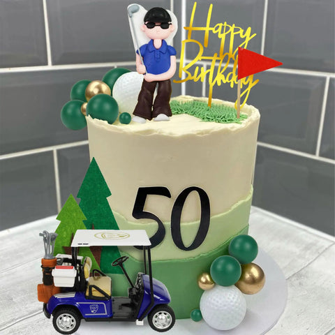Badass Golf Cake Toppers With Golf Cart And Clay Figurine Dope Golfer Birthday Party Supplies, 50th birthday cake with golfer figurine.