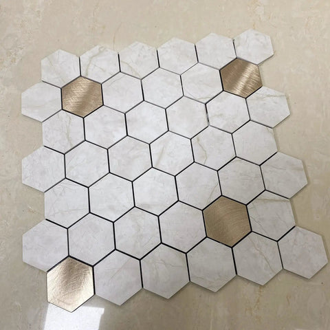 10 Pack Peel And Stick Hexagon Backsplash Tiles In Cream Marble Brushed Copper Metal Look For Kitchen And Bath on floor