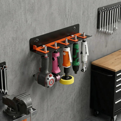 Rock Solid Wall Mount Air Tool Holder Lockable Five Slot Pneumatic Rack For Garage with various air tools mounted