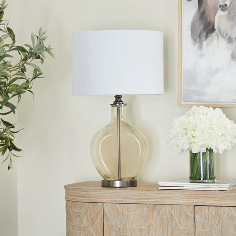 Glass Table Lamp With Drum Shade In Champagne Finish, 17 By 17 By 27 Inches, Traditional Accent Lighting For Living Room Or Bedroom, Glass Body With Iron Base For Luxe Cozy Glow on wooden table