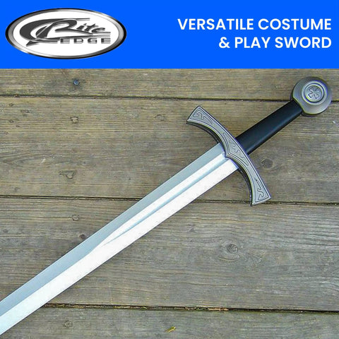 28 Inch Latex Excalibur LARP Sword With Black And Silver Finish displayed on wooden floor