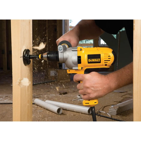 Corded Drill Powerhouse With 1/2-Inch Chuck, 10 Amp Motor, Mid Handle Grip in use for drilling wood at construction site