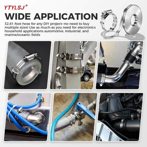 DIY Stainless Steel Hose Clamps Kit With 32.81 Ft Adjustable Strap And 20 Heavy Duty Worm Gear Fasteners, image shows usage examples.