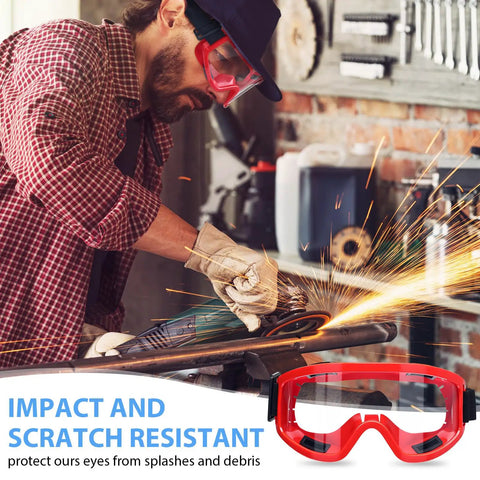 Person using power tool wearing Bulk 24 Pack Anti Fog Safety Goggles For Lab Use Adjustable Over Eye Protection With Scratch Resistant PC Lenses Six Color Frames Red Black Yellow Orange Green Blue Heavy Duty Eye Shield Gear For Adults