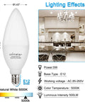 E12 LED Candle Bulb 60 Watt Equivalent For Chandelier And Ceiling Fan Lighting Daylight 5000K Bright White Small Base Non Dimmable Bulbs Long Lifespan Perfect For Chandeliers And Lamps Pack Of 8 shown with lighting effects chart and dimensions.