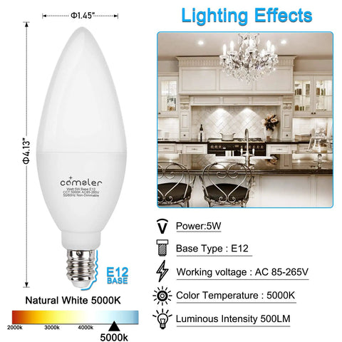 E12 LED Candle Bulb 60 Watt Equivalent For Chandelier And Ceiling Fan Lighting Daylight 5000K Bright White Small Base Non Dimmable Bulbs Long Lifespan Perfect For Chandeliers And Lamps Pack Of 8 shown with lighting effects chart and dimensions.