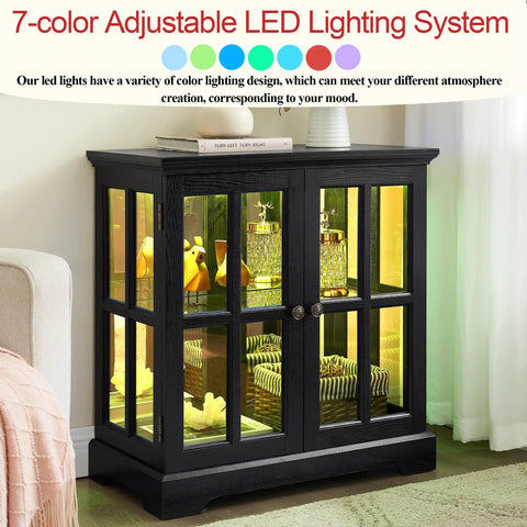 30 Inch Glass Curio Display Cabinet With LED Lighting and two lattice doors in black showcasing tableware and collectibles.