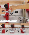 Adjusting the clamp on coping sled for router table with clear acrylic fence and rail guide, showing 3 fixation modes for joints.