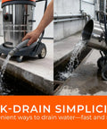 Professional Industrial Wet Dry Shop Vac With Dual 2000 Watt Motors And Massive 21 Gallon Tank draining water into a floor drain.