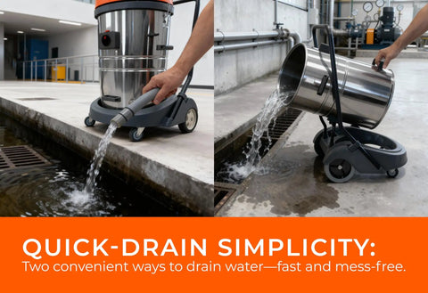 Professional Industrial Wet Dry Shop Vac With Dual 2000 Watt Motors And Massive 21 Gallon Tank draining water into a floor drain.