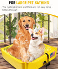 Two dogs in a yellow foldable duck pond with PVC mini spill berm, 2x2 feet, for large pet bathing on a wooden deck.
