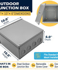 Heavy Duty Tough As Nails Outdoor Electrical Junction Box 10 X 10 X 6 Inch Nema 3r Carbon Steel Weatherproof with dimensions shown.