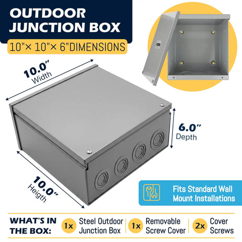 Heavy Duty Tough As Nails Outdoor Electrical Junction Box 10 X 10 X 6 Inch Nema 3r Carbon Steel Weatherproof with dimensions shown.
