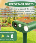 Solar Powered Ultrasonic Animal Repellent For Outdoor Yards And Gardens With Motion Sensor And Strobe Light Dual Mode Audible Alarm Or 25KHz Ultrasonic Deterrent Weatherproof Critter Shield Against Rodents Coyotes And Raccoons, green ABS solar panel