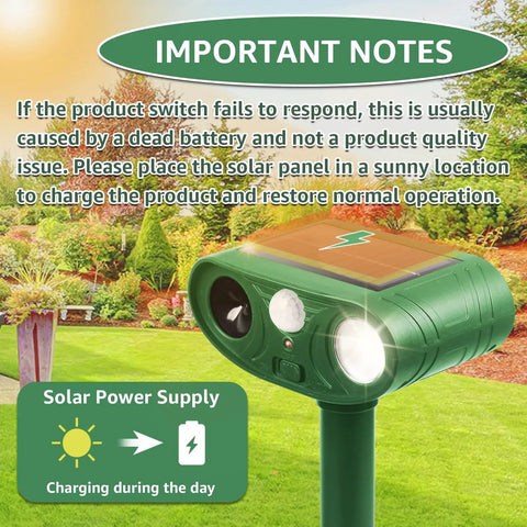 Solar Powered Ultrasonic Animal Repellent For Outdoor Yards And Gardens With Motion Sensor And Strobe Light Dual Mode Audible Alarm Or 25KHz Ultrasonic Deterrent Weatherproof Critter Shield Against Rodents Coyotes And Raccoons, green ABS solar panel
