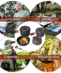 Lightweight Backpacking Camping Cookware Set For Two To Four People; cooking outdoors with cookware on picnic and camping gear.