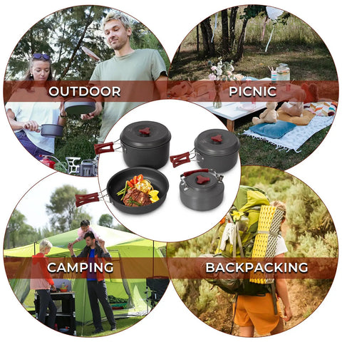 Lightweight Backpacking Camping Cookware Set For Two To Four People; cooking outdoors with cookware on picnic and camping gear.