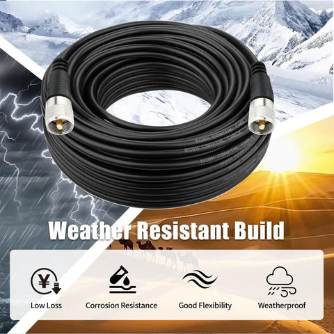 RG8X Coaxial Cable 50ft Low Loss CB Antenna Cable with UHF PL259 Male to Male Connectors in rugged weather conditions