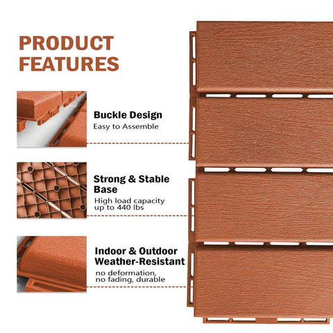 Product features of interlocking plastic deck tiles for outdoor spaces 36 pieces 12x12 inch brown waterproof all weather patio tiles.