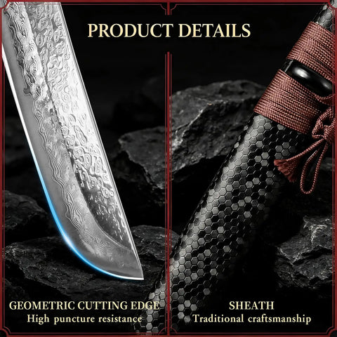 Japanese Tanto Knife With Damascus Steel Fixed Blade For Bushcraft And Survival, Rugged Outdoor Hunting Knife With Wooden Sheath