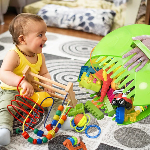 Child playing with colorful toys on a patterned rug in a living room.