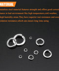 M3 stainless steel split lock washer set, 300 pcs, silver, assorted sizes, top-down view.
