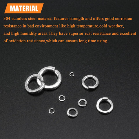 M3 stainless steel split lock washer set, 300 pcs, silver, assorted sizes, top-down view.