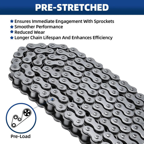Pre-stretched Patioer Heavy Duty Roller Chain #50H, 10 Feet Carbon Steel, for conveyors and machinery, showing chain links.
