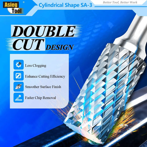 SA-3 tungsten carbide burr rotary file, cylindrical double-cut, 1/4 in shank, 3/8 in cutter, 3/4 in cutter length, Asieg Tool