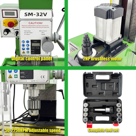 Techtongda 8x33 Inch Metal Milling Machine With 2HP Brushless Motor For 110V Power Featuring Precision 3-Axis Digital Readout System And Grating Ruler For Super Accurate Real-Time Position Monitoring In Any Workshop Environment Today showing digital control panel, 2HP brushless motor, adjustable speed feature, and complete tool set.