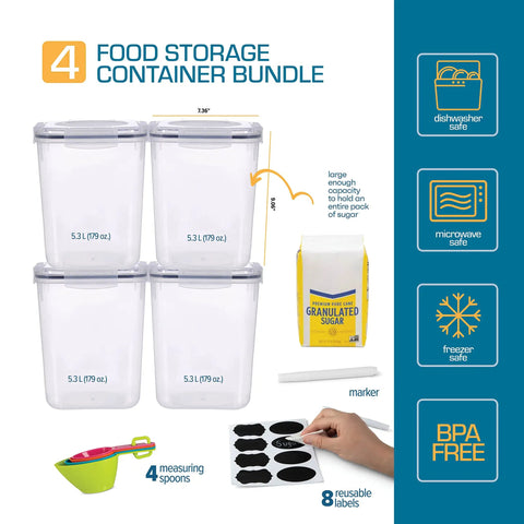 Big Five Point Three Liter Airtight Food Storage Canisters Four Pack With Measuring Scoops Chalkboard Marker And Labels For A Boss Pantry Upgrade And Kitchen Storage For Flour Sugar Rice displayed with scoops and labels