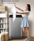 Woman holding a clean towel next to Portable Washing Machine 2 In 1 Compact Washer Built In Drain Pump 1.7 Cu Ft Self Cleaning Water Recycle Design.