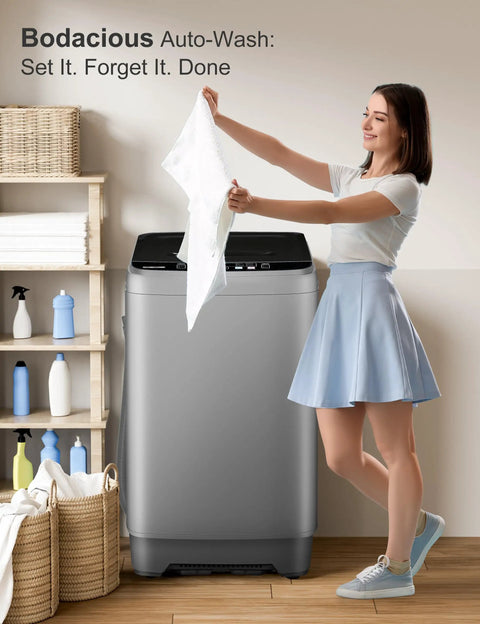 Woman holding a clean towel next to Portable Washing Machine 2 In 1 Compact Washer Built In Drain Pump 1.7 Cu Ft Self Cleaning Water Recycle Design.