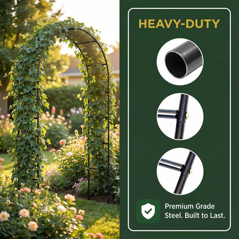 Sturdy Garden Pergola Arbor Arch Trellis with plants, 16mm metal tubes, black powder-coated finish, outdoor decoration.