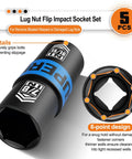 Half Inch Drive Lug Nut Impact Socket Set showing thin wall flip sockets with 6-point design and size markings for damaged lug nuts.