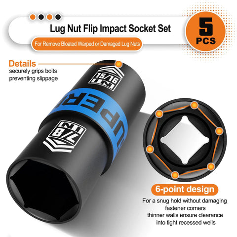 Half Inch Drive Lug Nut Impact Socket Set showing thin wall flip sockets with 6-point design and size markings for damaged lug nuts.