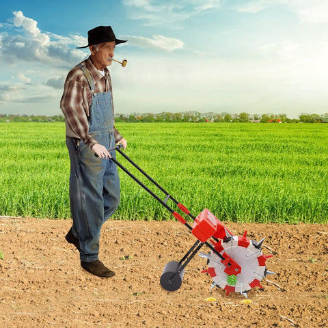 Farmer using Hand Push Seed Planter With Six Nozzles, Roller Seeding Machine For Row Crops in a field, planting seeds