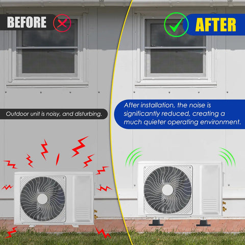 Before and after using 4 Pack Rubber Vibration Isolator Mounting Brackets for outdoor mini split air conditioners showing noise reduction.