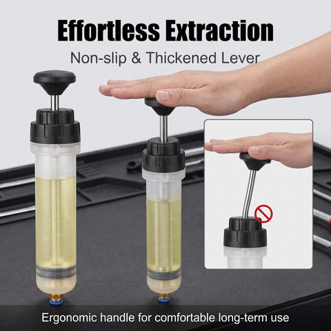 Top Shelf Manual Fluid Extractor Pump For Absolute No Sweat Oil Changes Using Dual Suction Tubes Clear Reservoir and Solid Build for Brake Transmission and Power Steering Fluid Extraction with ergonomic non-slip lever.