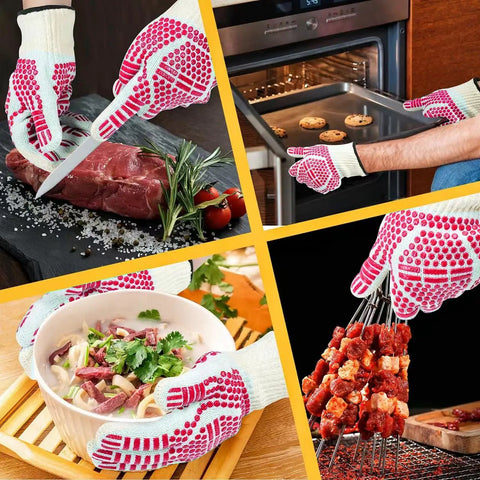 Collage of Extreme Heat Resistant Oven Gloves With Five Finger Design in various cooking situations, showing versatility and heat protection