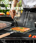Fish Grill Basket Set With Removable Wooden Handle And 304 Stainless Steel Construction holding salmon and vegetables, BBQ setting.