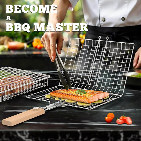 Fish Grill Basket Set With Removable Wooden Handle And 304 Stainless Steel Construction holding salmon and vegetables, BBQ setting.