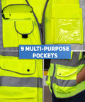 Built Different Neon Yellow Safety Vest With ANSI Class Two Reflective Striping And Nine Roomy Pockets For Construction Teams And Roadside Pros Wanting Top Shelf Coverage Locked In On Every Job Site showcasing 9 pockets.