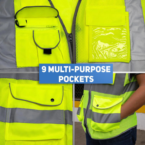 Built Different Neon Yellow Safety Vest With ANSI Class Two Reflective Striping And Nine Roomy Pockets For Construction Teams And Roadside Pros Wanting Top Shelf Coverage Locked In On Every Job Site showcasing 9 pockets.