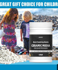 Children playing on beach with jar of 2.5 Lb Ceramic Media For Rock Tumbling Non Abrasive Filler Size Three Sixteenth By Three Eighth Inch