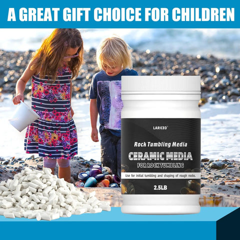 Children playing on beach with jar of 2.5 Lb Ceramic Media For Rock Tumbling Non Abrasive Filler Size Three Sixteenth By Three Eighth Inch