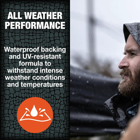 Man testing Rugged Heavy Duty Waterproof Repair Tape For Wet And Underwater Surfaces Patch Leaks Indoors Outdoors Black 4 Inch By 5 Foot One Roll With Extra Thick Rubberized Adhesive For Quick Fixes in rainy weather.