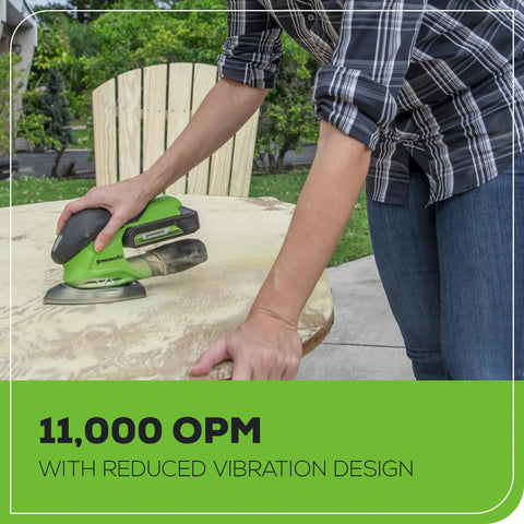 Person using Cordless 24V Mouse Detail Sander With 11,000 OPM Orbit on a wooden surface outdoors.
